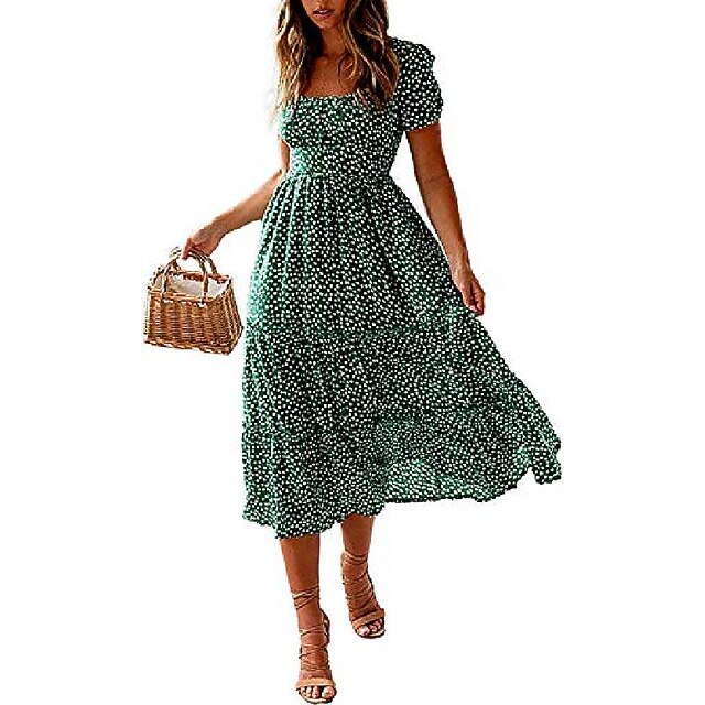 

Women's Swing Dress Midi Dress Green Black Red Short Sleeve Polka Dot Print Polka Dots Ruched Pleated Spring Summer Square Neck Casual Holiday 2022 S M L XL