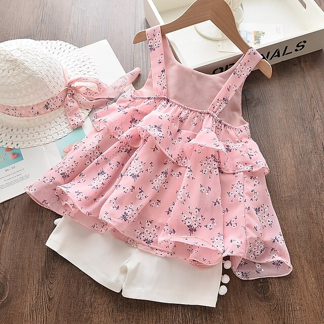 Baby & Kids Girls Clothing | Kids Girls Clothing Set Sleeveless Pink Yellow Floral Bow Print Cotton Daily Wear Active Basic Regu