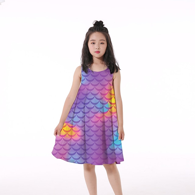  أطفال القليل للفتيات فستان الرسم طباعة أرجواني طول الركبة بدون كم زهر نشيط فساتين عادي 5-12 سنة
