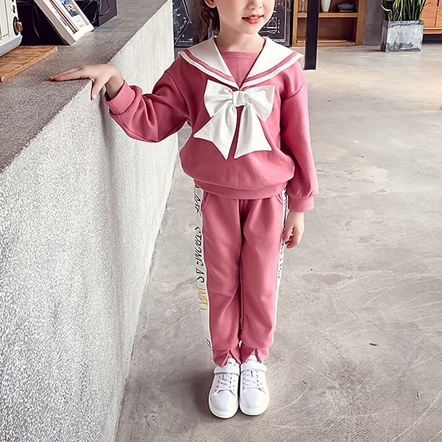 Baby & Kids Girls Clothing | Kids Girls Childrens Day Clothing Set Long Sleeve Pink Pink Letter Bow Cotton School Daily Wear Bas