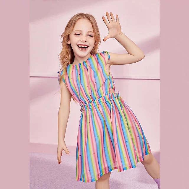  Kids Girls' Dress Rainbow Sleeveless Print Active Polyester Sundress Summer 2-6 Years Rainbow