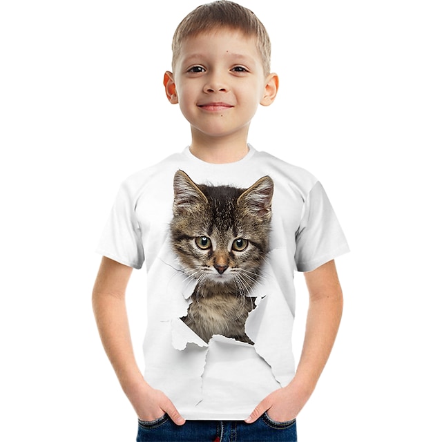 Baby & Kids Boys Clothing | Kids Boys Tee Short Sleeve White 3D Print Cat Graphic Animal Active / Summer - WN09874