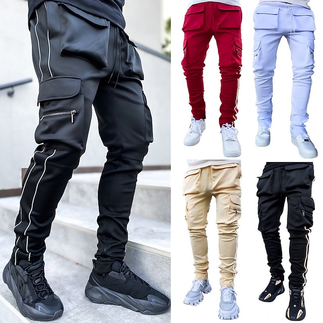  Men's Joggers Cargo Pants Drawstring Side Pockets Bottoms Athletic Athleisure Summer Reflective Breathable Quick Dry Fitness Running Jogging Sportswear Activewear Stripes Black Red Light Blue