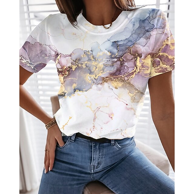

Women's Abstract Geometric Painting T shirt Sparkly Graffiti Glittery Print Round Neck Basic Tops White / 3D Print