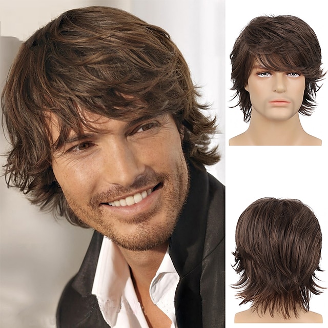  10 polegadas perucas castanhas encaracoladas em camadas sintéticas, cabelo resistente ao calor, ondas curtas, peruca fofa natural para uso diário masculino2021