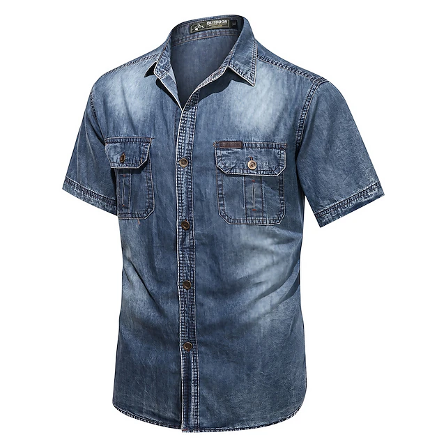 Men's Shirt Summer Shirt Casual Shirt Jeans Shirt Button Up Shirt Royal Blue Dusty Blue Light Blue Short Sleeve Solid Color Collar Turndown non-printing Daily Denim Clothing Apparel Cotton Polyester 6