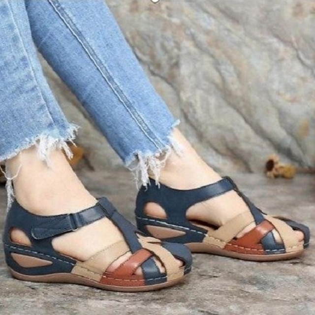 Womens Sandals Comfort Shoes Wedge Heel Round Toe Pu Magic Tape Solid