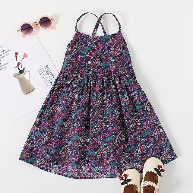  Kids Little Girls' Dress Tribal Causal Holiday Ruched Purple Knee-length Sleeveless Basic Dresses Children's Day Summer Loose 3-6 Years