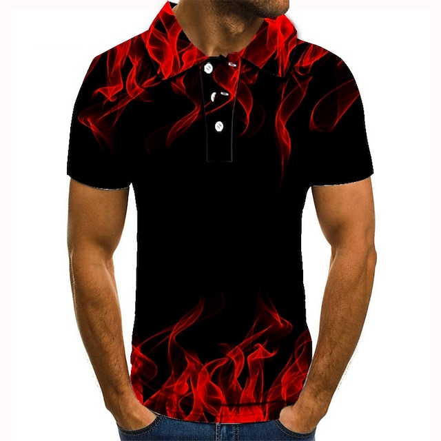  Herre POLO T-skjorte Tennis skjorte Golf skjorte Grafiske trykk Flamme Krage Svart / Rød 3D-utskrift Gate Avslappet Kortermet Knapp ned Klær Mote Kul Fritid
