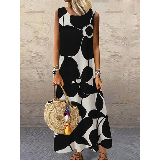 Women's Maxi Dress Sundress Shift Dress Summer Dress Casual Vacation Party Casual Regular Fit Floral Print Sleeveless Crew Neck Black Summer Spring 5