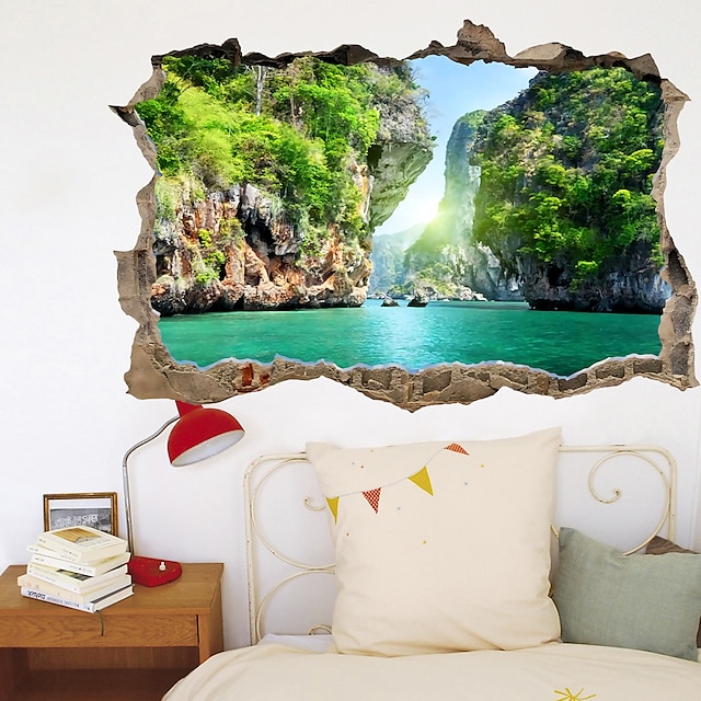 Home & Garden Home Decor | 3D Broken Wall Natural Canyon Lake Home Corridor Background Decoration Can Be Removed Stickers - WO86