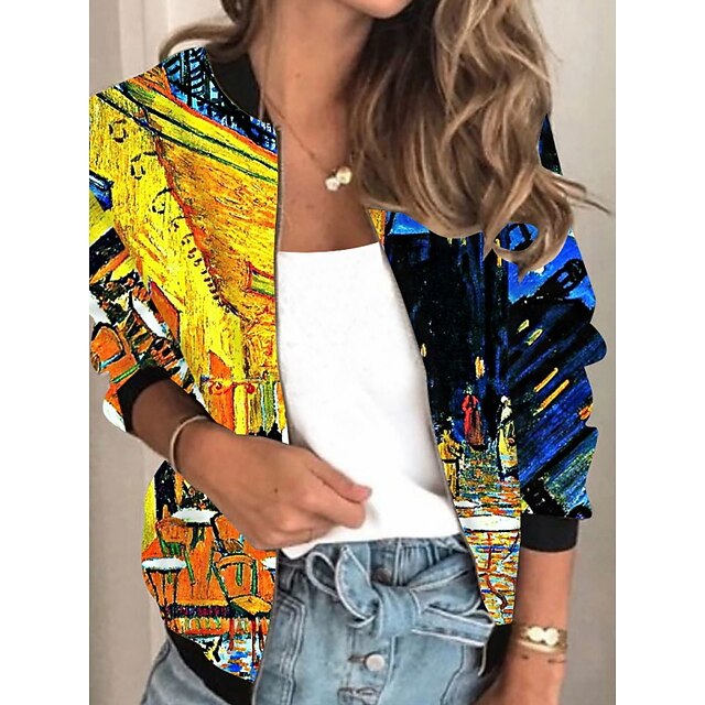 

Women's Jacket Daily Fall Spring Regular Coat Regular Fit Casual Jacket Long Sleeve Color Block Print Yellow