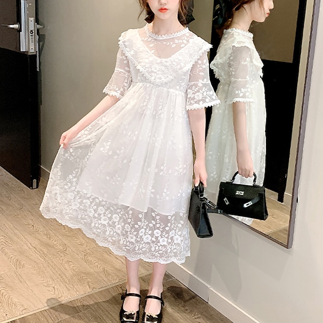  Kids Little Girls' Dress Jacquard Lace Wedding White Tulle Maxi Short Sleeve Princess Sweet Dresses Summer 5-13 Years