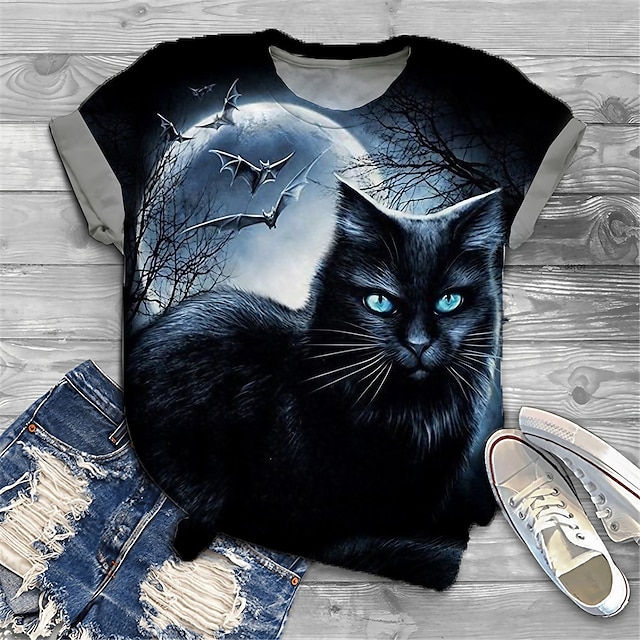  Women's Plus Size Tops T shirt Tee Cat Graphic Short Sleeve Print Basic Crewneck Cotton Spandex Jersey Daily Holiday Spring Summer Black
