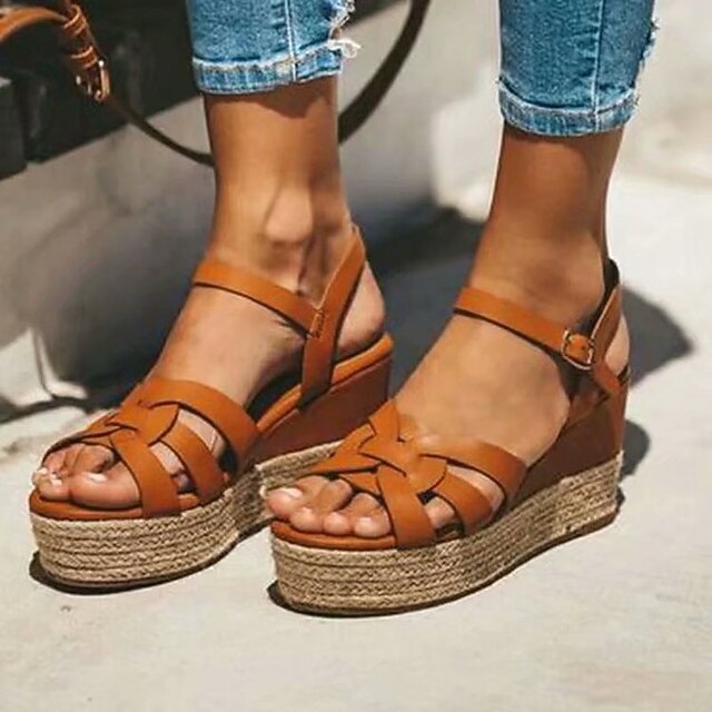 Dames Sandalen Sandalen met sleehak Espadrilles Sandaal van stro Blokhak  Ronde Teen PU Donker Bruin 8567614 2023 – $19.99