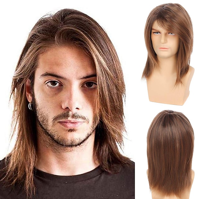  Brown Wigs for Men Men‘S Curly Hair Long Wig Dark Gradient Brown Halloween Makeup Wig