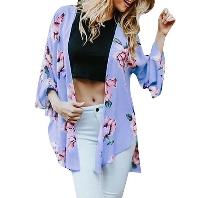 Womens Clothing Womens Swimwear | women loose blouse summer floral print flare sleeve half sleeved cardigan tops purple - ZM2195