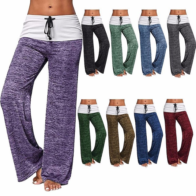  Women‘s Wide Leg Pants Drawstring Patchwork Yoga Style for Gym Workout Bottoms Color Block Black Green Gray Sports Activewear / Athletic / Athleisure