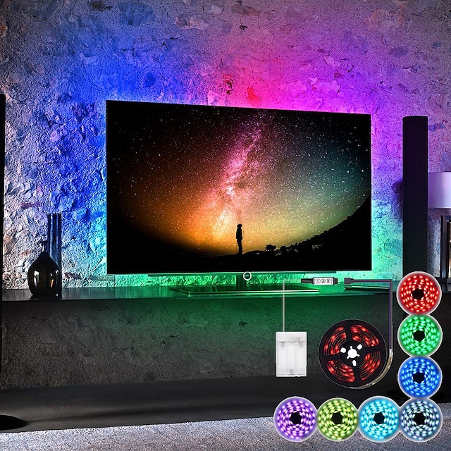  luzes de tira LED à prova d'água 1 m rgb tiktok lights alimentado por bateria 30 leds por metro 5050 com luz de fundo de computador de tv 3 mini controlador