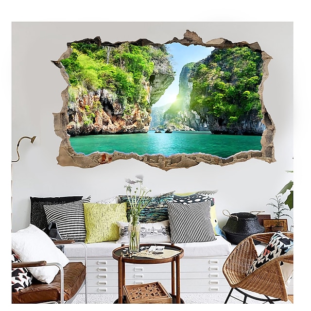 Home & Garden Home Decor | 3D Broken Wall Natural Canyon Lake Home Corridor Background Decoration Can Be Removed Stickers - WO86