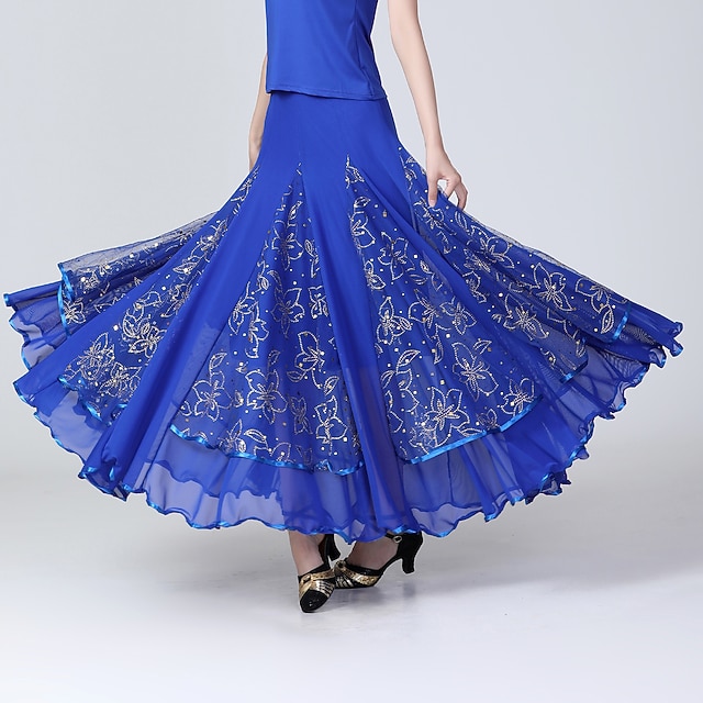  Ballroom Dance Skirts Printing Pure Color Ruffle Women's Performance Training High Polyester