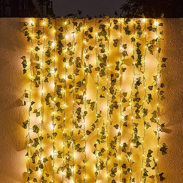  kültéri napelemes LED-es lámpák ip65 vízálló napenergia kültéri led kert függesztett lámpák mesterséges kültéri borostyán levél növények udvar kerítés falra függesztett dekoráció meleg fehér 8