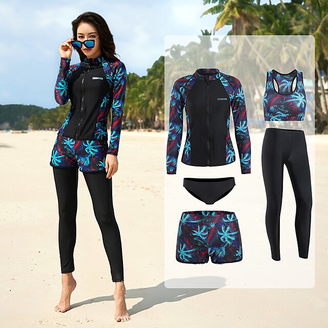  Women's Rash Guard Rash guard Swimsuit UV Sun Protection UPF50+ Breathable Long Sleeve Swimwear Bathing Suit 5-Piece Swimming Diving Surfing Water Sports Floral Autumn / Fall Spring Summer