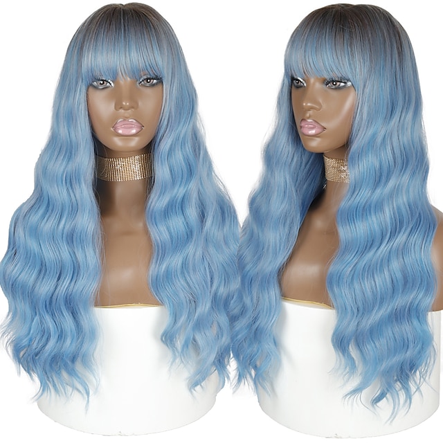  parrucca sintetica onda profonda parrucca frangia ordinata parrucca di media lunghezza ombre blu capelli sintetici parrucca cosplay da donna moda blu di halloween