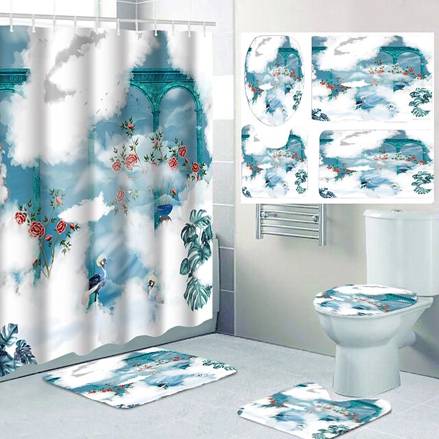 Ink Painting Fishing Theme Waterproof Home Decor Shower Curtain Bathroom Mat 