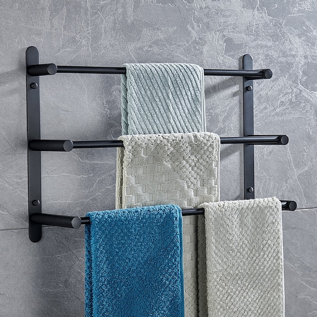  porte-serviettes avec crochets, étagère de rangement murale en acier inoxydable à 3 niveaux pour salle de bain 30cm ~ 70cm porte-serviettes porte-serviettes porte-serviettes (noir mat / chrome)