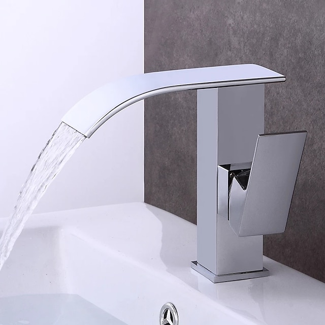  Modern Style Brass Waterfall Bathroom Sink Faucet,White Chrome Electroplated Single Handle One Hole Bath Taps with Hot and Cold Switch
