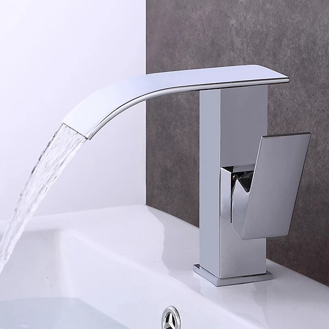 Modern Style Brass Waterfall Bathroom Sink Faucet,White Chrome Electroplated Single Handle One Hole Bath Taps with Hot and Cold Switch4