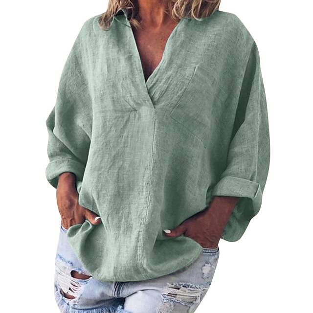 Womens Clothing Womens Tops | Womens Casual Daily Blouse Shirt Plain Long Sleeve V Neck Basic Tops Navy Green khaki S / Shirt Co