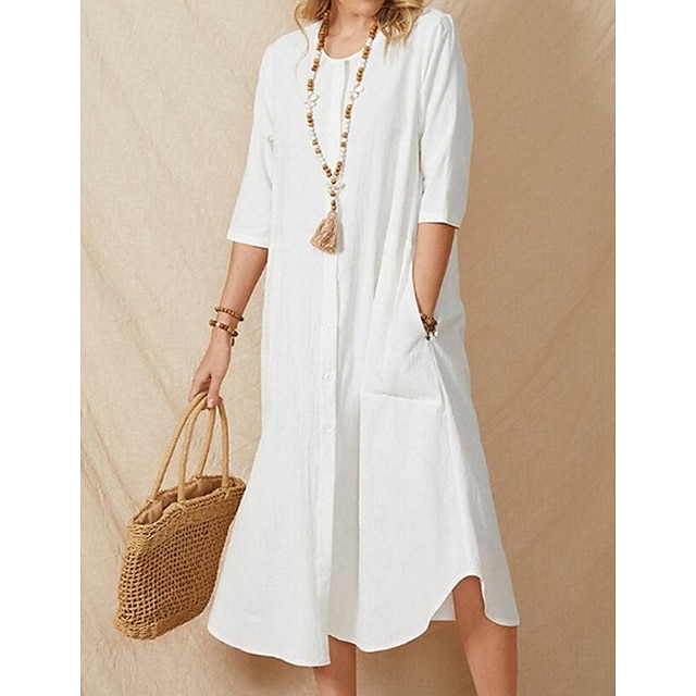  Women's Cotton Linen Dress Maxi long Dress White Half Sleeve Solid Color Classic Retro Pure Color Spring Summer Round Neck Chic & Modern Casual T-shirt Sleeve Loose Retro S M L XL XXL 3XL