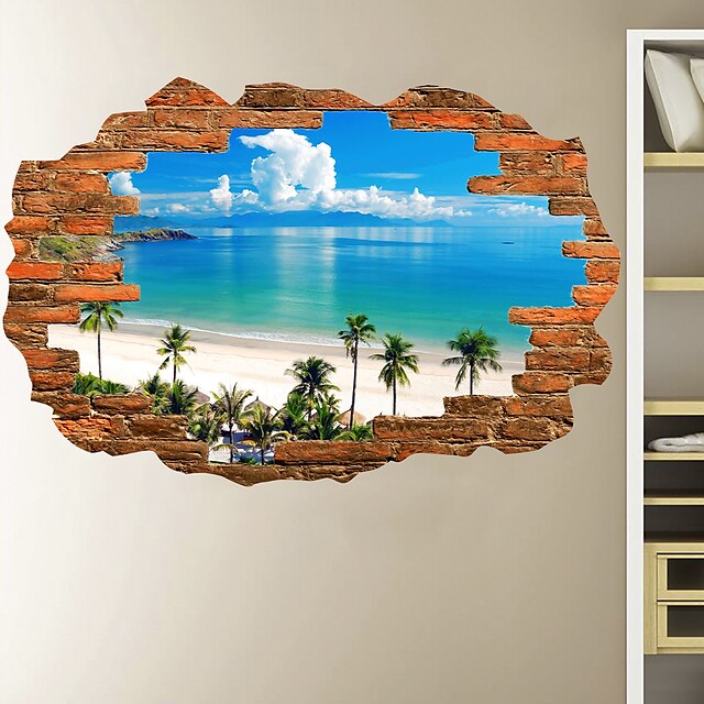  3D bruten vägg blå himmel vit moln kokosnöt strand hem korridor bakgrund dekoration kan tas bort klistermärken
