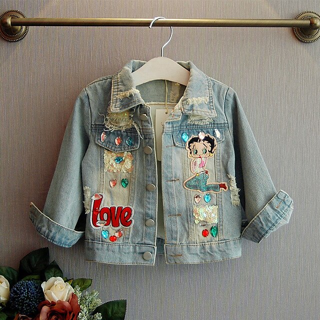 Baby & Kids Girls Clothing | Kids Girls Jacket & Coat Long Sleeve Blue Cartoon Patchwork Sequins Fall Spring Active Daily / Deni