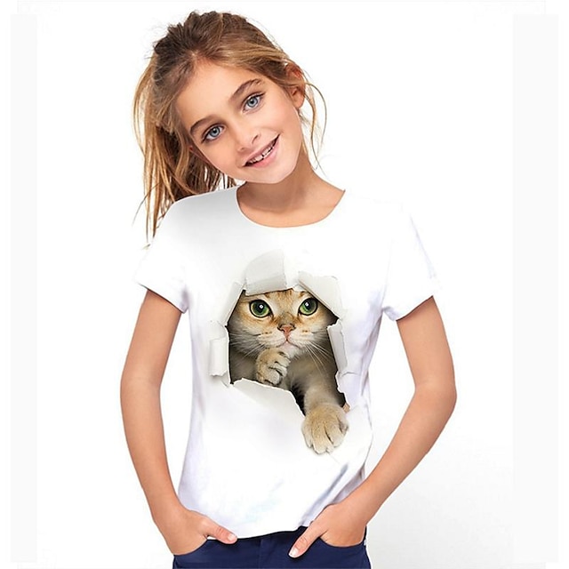  Kids Girls' Tee Short Sleeve Cat Graphic Animal Rainbow Children Tops Active Cute 3-12 Years