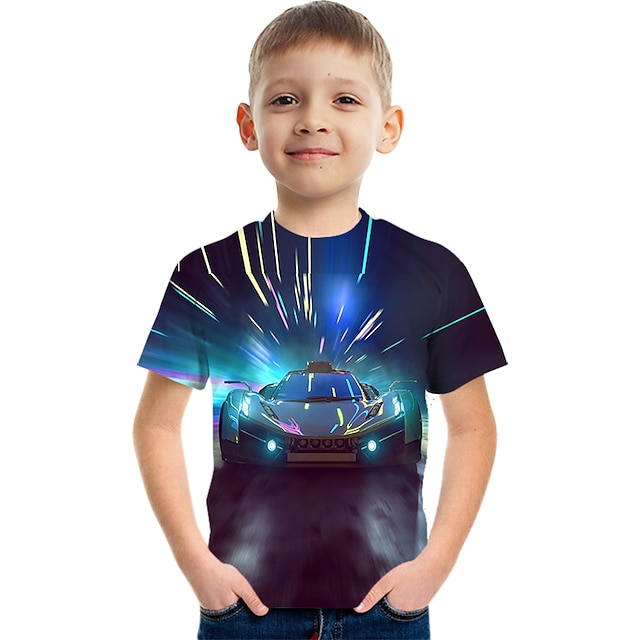  Kinder Jungen T-Shirt Kurzarm 3D-Druck 3D-Druck Graphic Auto Transparent Schwarz Blau Regenbogen Kinder Oberteile Sommer Aktiv Modisch Cool 3-12 Jahre