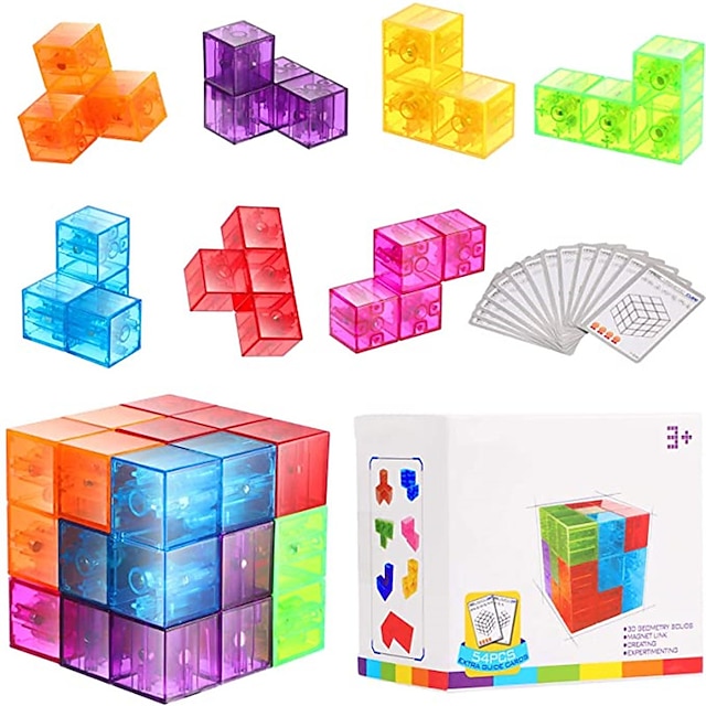  mágneses 3d puzzle kockák átlátszó mágneses kocka 7 mágneses építőelemből áll, 54 útmutató kártyával, 108 illesztési kihívással az idő leküzdésére és a stressz oldására