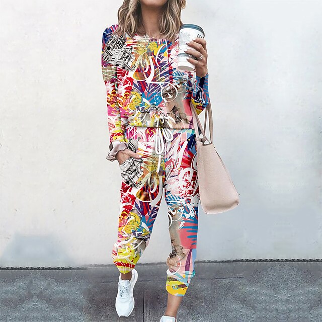  Women's Streetwear Cinched Floral Print Tie Dye Going out Casual / Daily Two Piece Set Sweatshirt Tracksuit Pant Loungewear Jogger Pants Drawstring Print Tops