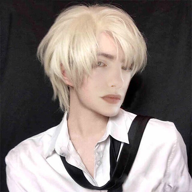 

Blonde Wigs for Men Men Short Wig Light Yellow Blonde Synthetic Wigs with Bangs for Male Women Boy Cosplay Costume Anime Halloween