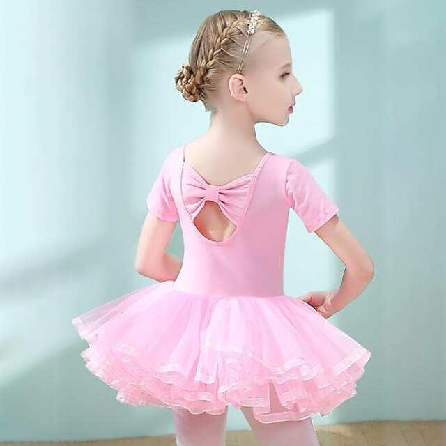 Breathable Ballet Dress Bowknot Pleats Solid Girls' Training Performance Short Sleeve High Cotton Blend Mesh4