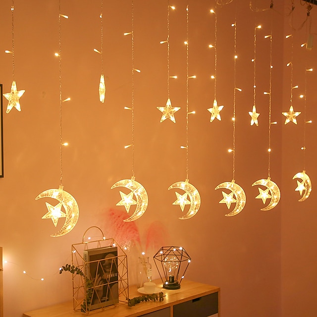  Ramadan Eid Lights 1pc Moon Star LED Curtain Lights EU US Plug Christmas Fairy Garlands Outdoor LED Twinkle String Lights Holiday Festival Decoration