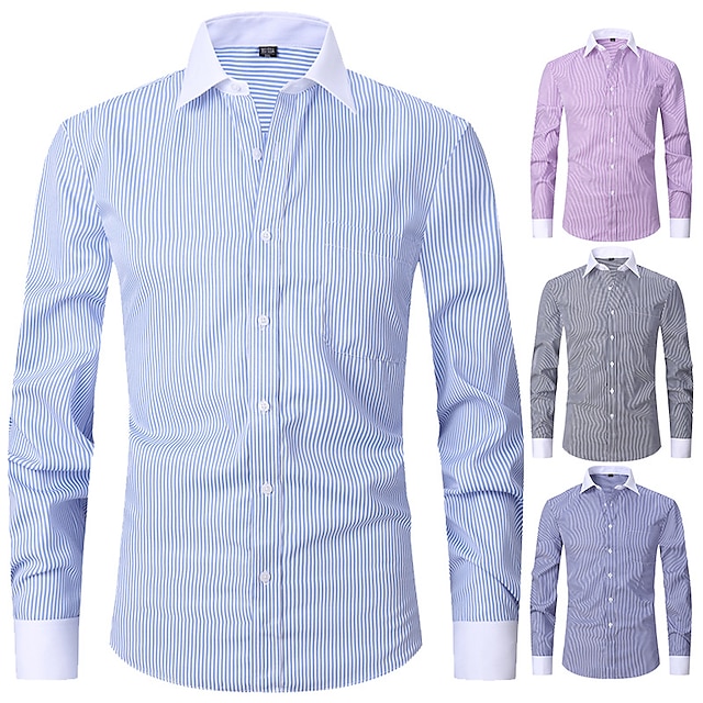  Men's Shirt Dress Shirt Button Down Shirt Light Blue Black Blue Long Sleeve Stripes Lapel Spring &  Fall Office & Career Wedding Party Clothing Apparel Front Pocket