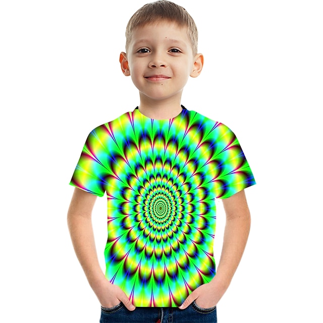 Baby & Kids Boys Clothing | Kids Boys T shirt Short Sleeve 3D Print Rainbow Optical Illusion Color Block Green Rainbow Red Child