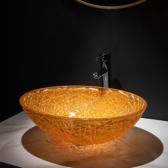  Lavabo de vidrio fundido a presión ovalado naranja de arte moderno y lujoso con grifo, soporte para lavabo y desagüe