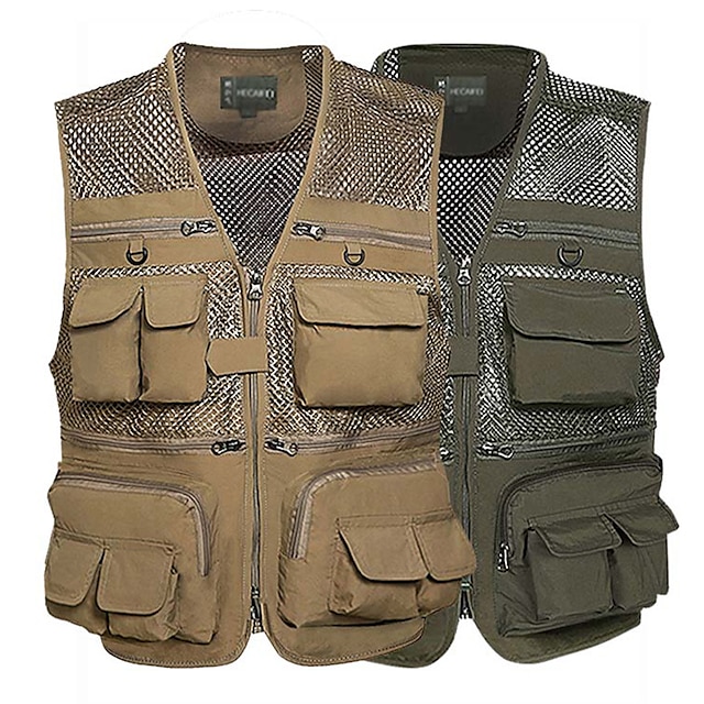 Men's Fishing Vest Hiking Vest Sleeveless V Neck Vest / Gilet Jacket Top Outdoor Breathable Quick Dry Multi Pockets Lightweight Polyester Army Green Khaki Dark Blue Fishing Climbing Camping / Hiking 9