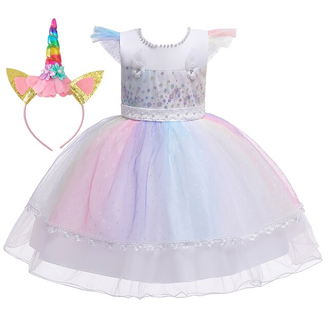  παιδικό κοριτσίστικο φόρεμα ουράνιο τόξο φλοράλ μονόκερος φόρεμα τούλι πάρτι δαντέλα μπεζ κοντό μανίκι μέχρι το γόνατο κομψά πριγκίπισσα χαριτωμένα φορέματα λεπτά 1-5 ετών