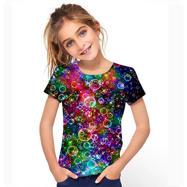  Детская футболка с радужными пузырями для девочек, детские топы с короткими рукавами и объемным принтом, весенне-летние активные школьные повседневные футболки для детей от 3 до 12 лет
