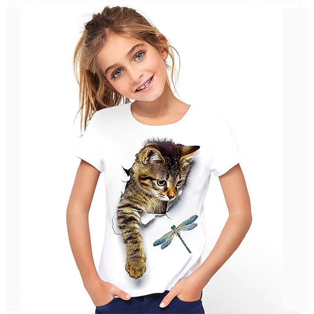  3D-print kattent-shirt voor meisjes met korte mouwen kat grafisch dier kleurblok blauw wit kindertops actief schattig 3-12 jaar